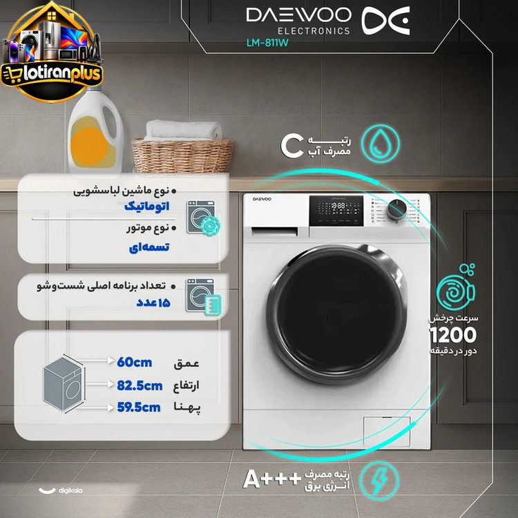ماشین لباسشویی اتوماتیک دوو مدل LM-811W ظرفیت 8 کیلوگرم با 15 برنامه شستوشو، موتور تسمهای 1200 دور در دقیقه، فناوری بخارشوی، نانوسیلور، قفل کودک و شروع با تأخیر تا 24 ساعت، رده انرژی +++A و خشککن