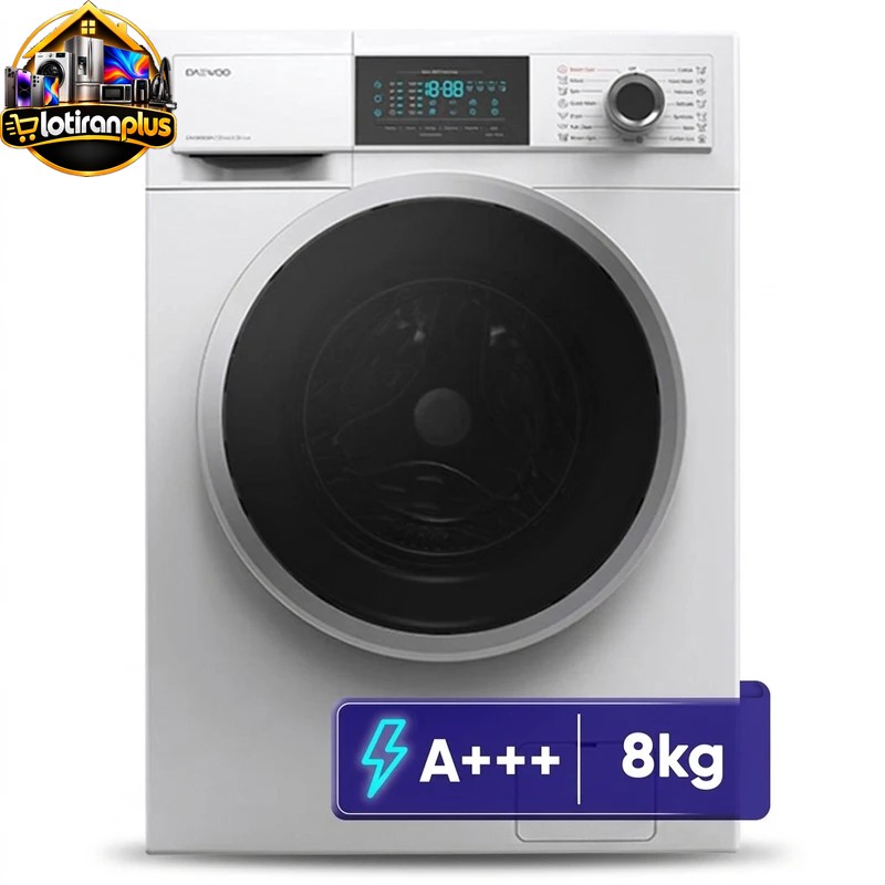 ماشین لباسشویی اتوماتیک دوو مدل LM-840S ظرفیت 8 کیلوگرم، موتور دایرکت درایو، سرعت چرخش 1400 دور در دقیقه، 15 برنامه شست‌وشو، بخارشوی، قفل کودک، رده انرژی +++A و شروع با تأخیر